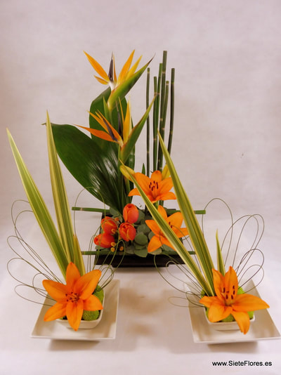 Ikebana en tonos naranjas en Siete Flores Zaragoza